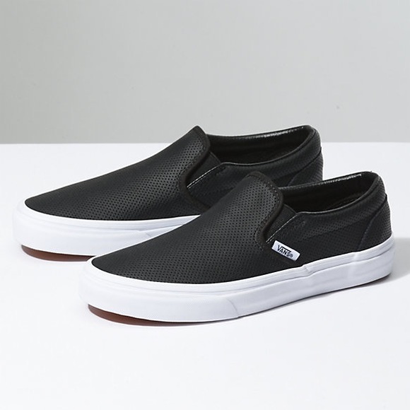 Vans Shoes - Black & White Perforated Leather Slip On Vans